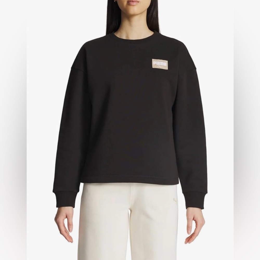 Puma Fleece Crewneck Black Sweatshirt Badge. Size Small